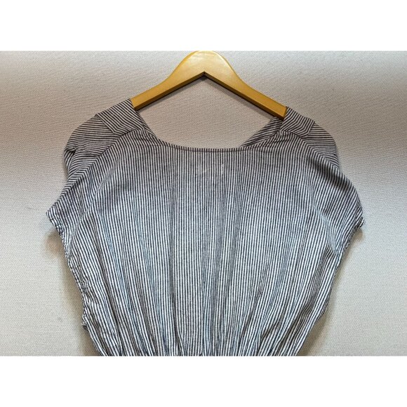 Morgan Taylor Women V Neck Linen Smocked Top Short Sleeve Sz L White Gray Stripe - Picture 10 of 11